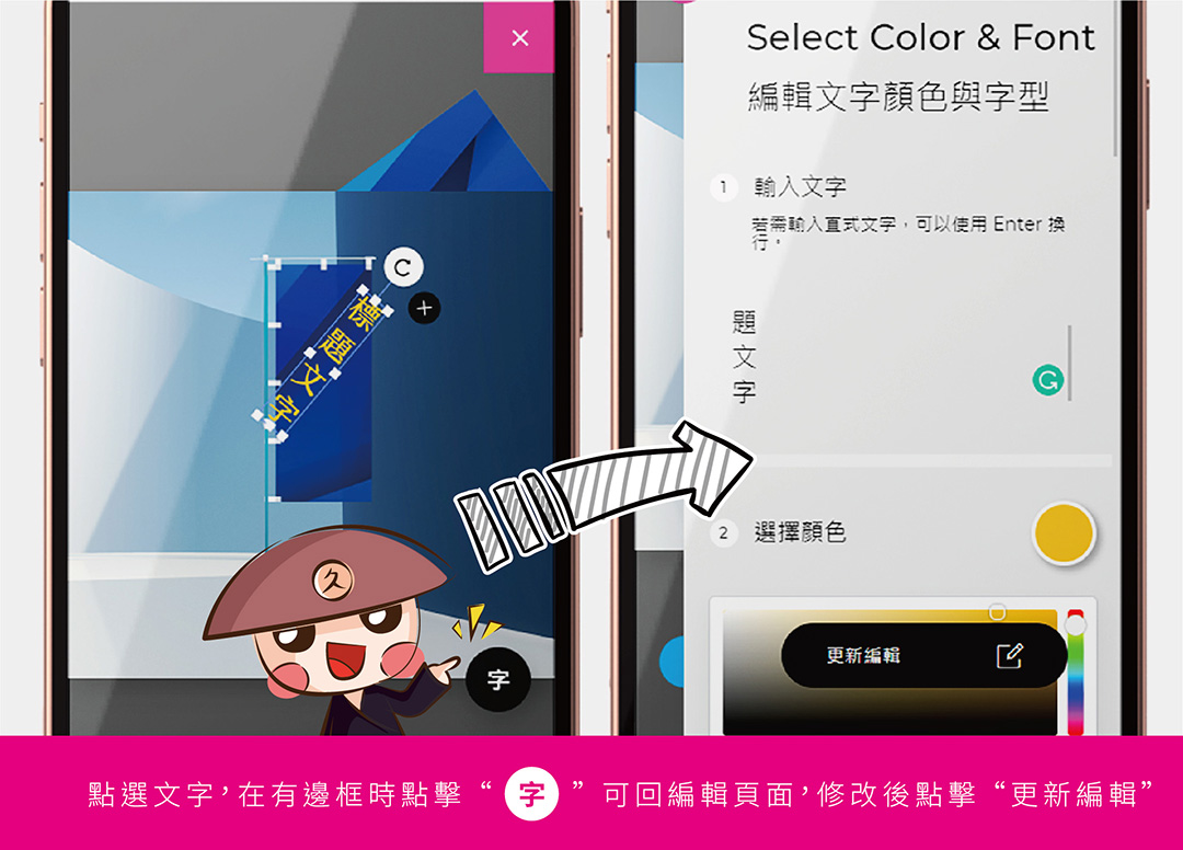 - 點選文字，在有邊框時點擊【字】可回編輯頁面，修改後點擊【更新編輯】。